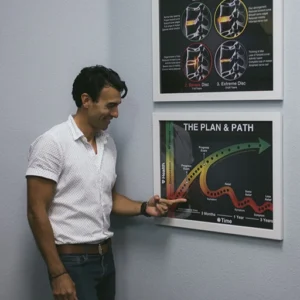 Dr Fano of vertical chiropractic pointing to healing path diagram