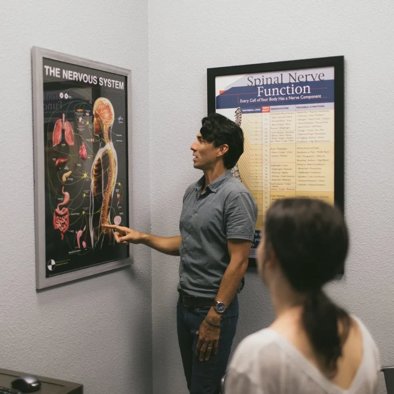 Dr Fano showing patient a diagram of the nervous system- it's all connected: performance and nervous sysem